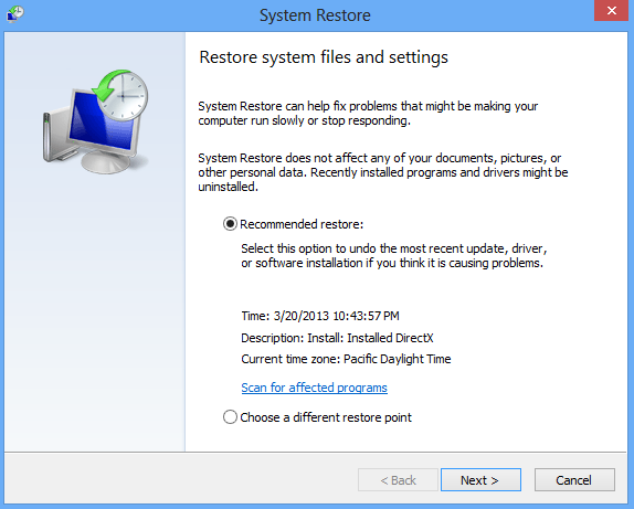 Windows 8 System Restore Screen